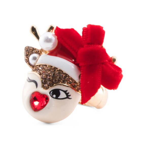 BETSEY JOHNSON Red Winking Reindeer Stretch Ring - Picture 1 of 2